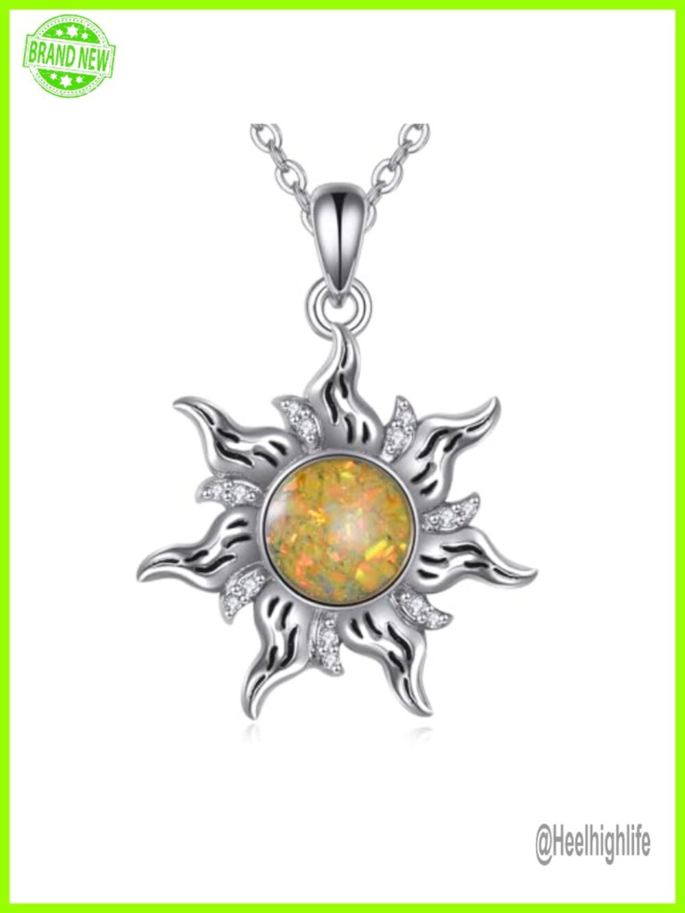 925 Sterling Silver Opal Sun Pendant Necklace 18+2 Inch Women Fine Jewelry Gift